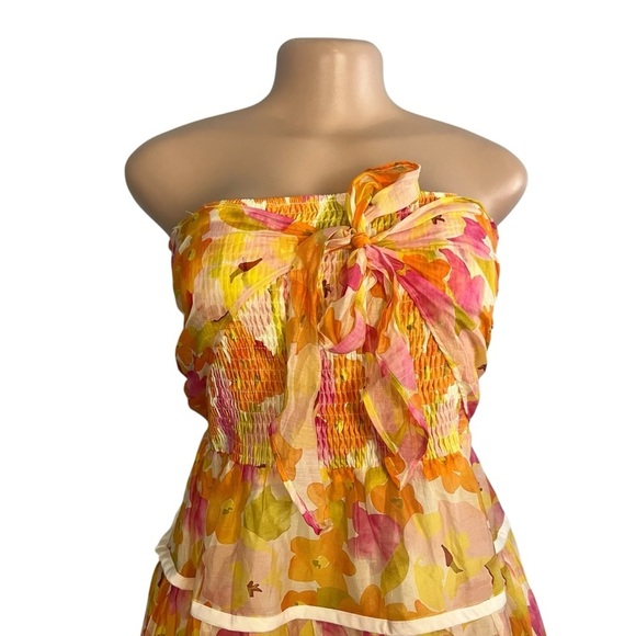 Lulus Sunlight Aura Orange Floral Strapless Tiered Midi Dress - Picture 4 of 11